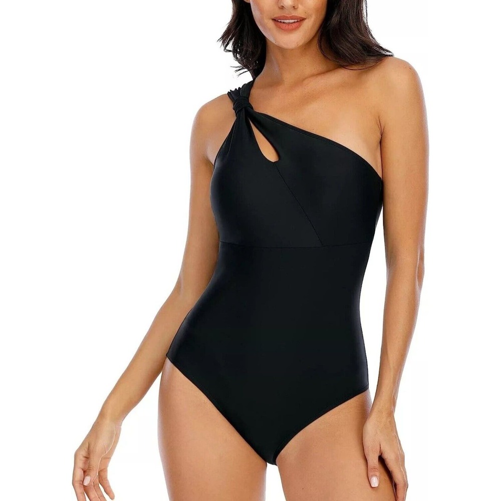 Halcurt Womens Size XL One Piece Swimsuit Asymmetrical Neckline Keyhole Black